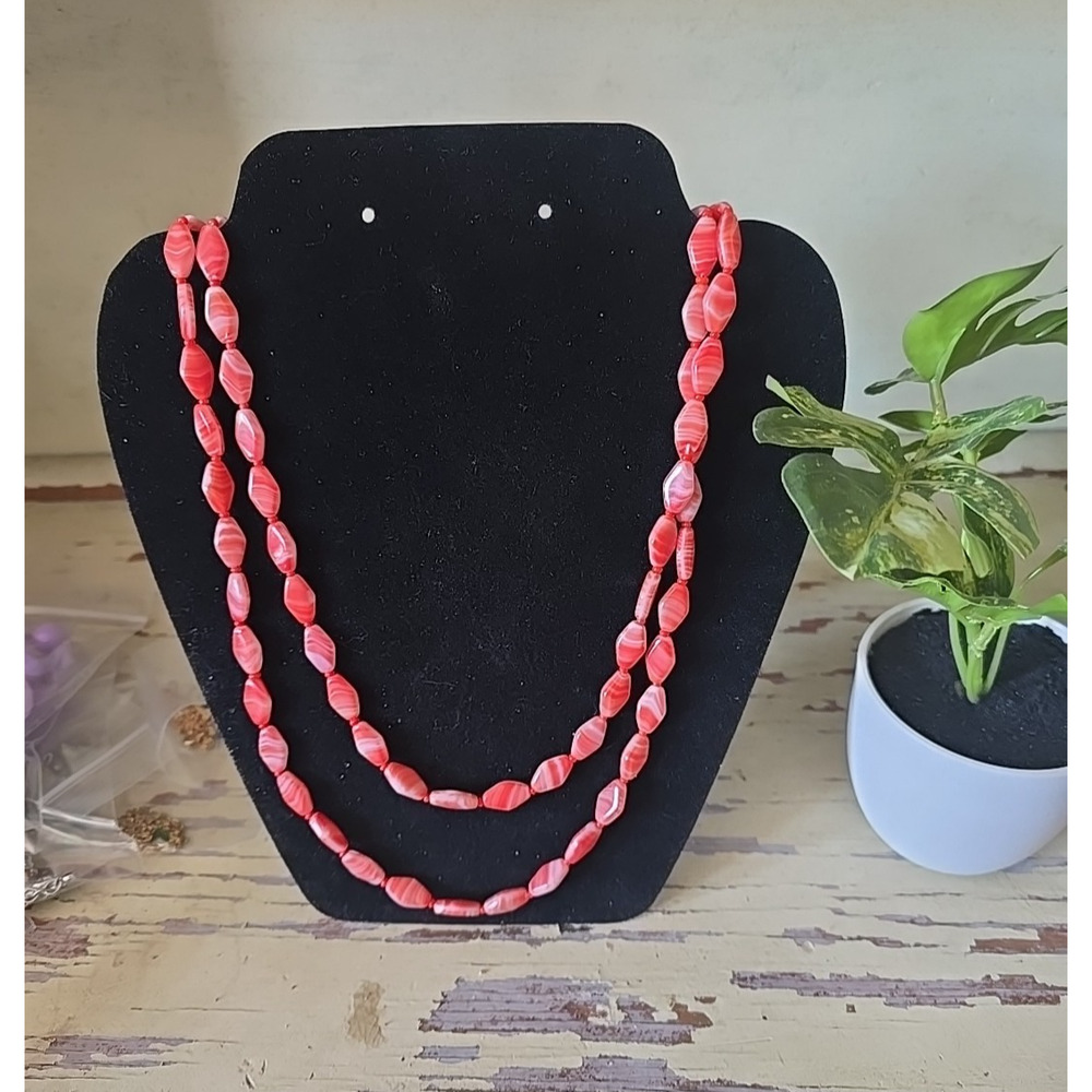 Vtg Red White Swirl Lucite Moonglow Necklace Double Strand Marbled MCM Statement